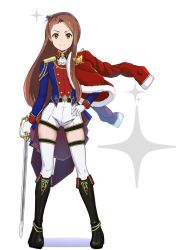 Rule 34 | 1girl, black footwear, blue hairband, blue jacket, boots, brown eyes, brown hair, closed mouth, gloves, hair ribbon, hairband, hakubaru, holding, holding sword, holding weapon, idolmaster, idolmaster (classic), jacket, knee boots, long hair, long sleeves, looking at viewer, minase iori, rapier, ribbon, short shorts, shorts, smile, solo, standing, sword, thighhighs, very long hair, weapon, white background, white gloves, white shorts, white thighhighs, zettai ryouiki