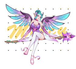 Rule 34 | 1girl, aqua hair, aqua nails, bare shoulders, blue wings, breasts, character name, choker, chromatic aberration, cleavage, crossed legs, dress, duximeng, elbow gloves, fairy wings, full body, gloves, hair bun, hair ornament, highres, large breasts, light smile, mechanical wings, mercy (overwatch), nail polish, overwatch, overwatch 1, pink footwear, pointy ears, polka dot, polka dot background, purple dress, purple eyes, purple gloves, purple lips, purple ribbon, ribbon, ribbon choker, shoes, simple background, single hair bun, sitting, sleeveless, sleeveless dress, solo, spread wings, staff, sugar plum fairy mercy, thighhighs, white background, white thighhighs, wings