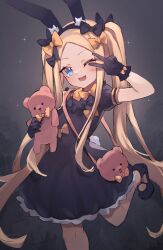 Rule 34 | 1girl, abigail williams (fate), animal ears, black bow, black dress, black gloves, blonde hair, blue eyes, blush, bow, breasts, dress, fate/grand order, fate (series), forehead, gloves, hair bow, highres, long hair, looking at viewer, miya (miyaruta), multiple hair bows, one eye closed, open mouth, orange bow, parted bangs, rabbit ears, rabbit tail, short sleeves, sidelocks, small breasts, smile, solo, stuffed animal, stuffed toy, tail, teddy bear, twintails, v