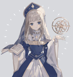 Rule 34 | 1girl, absurdres, beads, blonde hair, blue dress, blue eyes, blue hat, book, constellation print, cowboy shot, dress, expressionless, floating, floating object, frilled sleeves, frills, grey background, gyroscope, hat, highres, holding, holding book, kyuumura, long hair, long sleeves, open book, open hand, original, parted lips, polaris (star), sidelocks, solo, standing, star (symbol), veil, wide sleeves