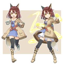 Rule 34 | 1girl, absurdres, amane rosylily, animal ears, beige coat, beige footwear, black thighhighs, boots, brown hair, clenched hands, coat, dress, fang, fox ears, fox girl, fox tail, full body, highres, hood, hooded coat, long sleeves, open clothes, open coat, original, sekira ame, short dress, short hair, smile, tail, thighhighs, white dress, yellow eyes