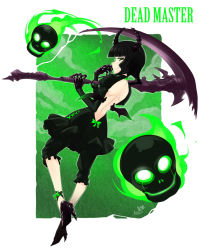 Rule 34 | 10s, 1girl, back, backless outfit, black hair, black rock shooter, blunt bangs, bow, butter-t, capri pants, character name, dead master, green eyes, horns, pants, scythe, shoes, skirt, skull, smile, solo, weapon, wings