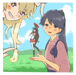 Rule 34 | 3girls, asymmetrical legwear, black eyes, black hair, black socks, blonde hair, blue sky, blush, border, brown hair, closed eyes, cloud, detached sleeves, forced perspective, grass, grin, half-closed eyes, hands up, hill, holding, holding umbrella, houshou (kancolle), iowa (kancolle), japanese clothes, jibakurei (elite unchi), kantai collection, kimono, kneehighs, long hair, miniskirt, multiple girls, oil-paper umbrella, open mouth, outdoors, pink kimono, pleated skirt, pointing, pointing at another, ponytail, purple eyes, red skirt, shirt, shoes, single kneehigh, single sock, single thighhigh, skirt, sky, sleeveless, sleeveless shirt, smile, socks, standing, standing on one leg, star-shaped pupils, star (symbol), symbol-shaped pupils, tasuki, thighhighs, two-handed, umbrella, uneven legwear, v-shaped eyebrows, very long hair, white border, white shirt, yamato (kancolle), yellow pupils