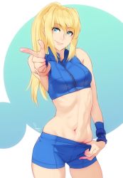 Rule 34 | 1girl, artist name, blonde hair, blue eyes, clothes pull, crop top, feguimel, hand under clothes, hand under shorts, metroid, metroid fusion, mole, mole under mouth, navel, nintendo, pointing, pointing at viewer, ponytail, samus aran, short shorts, shorts, shorts pull, sleeveless, smile, solo, standing, stomach, thigh gap, toned, wristband