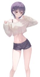 Rule 34 | 1girl, bare shoulders, black hair, black shorts, bra strap, casual, closed mouth, collarbone, crop top, crop top overhang, cutoffs, denim, denim shorts, expressionless, grey sweater, hair ornament, hands up, highres, long sleeves, looking at viewer, marinesnow, midriff, mizuno ai, navel, off-shoulder sweater, off shoulder, ribbed sweater, short hair, short shorts, shorts, simple background, solo, standing, stomach, sweater, thighs, white background, zombie land saga