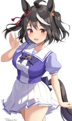 Rule 34 | animal ears, blush, breasts, commentary request, hair ornament, highres, hirota fruit, horse ears, horse girl, horse tail, kitasan black (umamusume), looking at viewer, medium breasts, medium hair, red eyes, school uniform, simple background, solo, tail, tracen school uniform, twitter username, umamusume, uniform, waving, white background