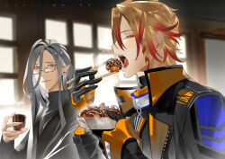 Rule 34 | 2boys, absurdres, artist name, axel syrios, black gloves, blonde hair, braid, braided bangs, chopsticks, closed eyes, commentary, cup, eating, english commentary, fang, food, from side, glasses, gloves, grey hair, hair between eyes, high collar, highres, holding, holding chopsticks, holding cup, holding food, holostars, holostars english, jacket, jullian kk, long hair, looking at another, male focus, multicolored hair, multiple boys, noir vesper, open clothes, open jacket, open mouth, pointy ears, purple eyes, red hair, saliva, smile, sweater, takoyaki, turtleneck, turtleneck sweater, twitter username, two-tone hair, virtual youtuber