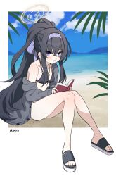 Rule 34 | 1girl, arikacoco, bags under eyes, beach, bikini, black bikini, black hair, blue archive, blue eyes, blue sky, blush, book, breasts, cardigan, commentary, feet, full body, grey cardigan, hair between eyes, hairband, halo, highres, holding, holding book, jewelry, knees up, legs, long hair, looking at viewer, necklace, off shoulder, official alternate costume, open cardigan, open clothes, outdoors, parted lips, ponytail, purple hairband, sandals, sitting, sky, sleeves past wrists, small breasts, solo, sweatdrop, swimsuit, toenails, toes, ui (blue archive), ui (swimsuit) (blue archive), very long hair, water