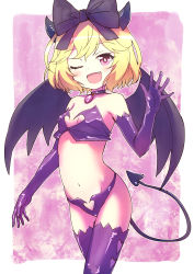Rule 34 | 1girl, ;d, absurdres, bare shoulders, blonde hair, blush, bow, breasts, choker, collarbone, crop top, demon girl, demon horns, demon tail, demon wings, elbow gloves, elly (tonari no kyuuketsuki-san), fang, gloves, groin, hair bow, heart, highres, horns, navel, nyama, one eye closed, open mouth, purple bow, purple choker, purple eyes, purple gloves, purple thighhighs, purple wings, revealing clothes, small breasts, smile, solo, strapless, tail, tail raised, thighhighs, tonari no kyuuketsuki-san, wings
