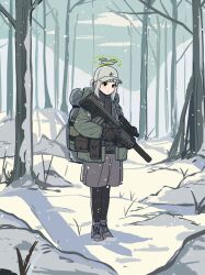 Rule 34 | 1girl, bare tree, baseball cap, belt, belt pouch, black pantyhose, black scarf, blue archive, blush, brown gloves, bullpup, coat, commentary request, day, forest, full body, gloves, green coat, green halo, gun, halo, hare (blue archive), hare (camp) (blue archive), hat, highres, holding, holding gun, holding weapon, kel-tec rfb, long sleeves, nature, pantyhose, parabellum, pouch, rifle, scarf, skirt, snow, solo, standing, suppressor, tree, weapon, winter, winter clothes, winter coat