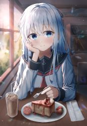 Rule 34 | 1girl, absurdres, anchor symbol, black sailor collar, blue eyes, blush, cake, cake slice, cherry, closed mouth, cup, dfd, drink, drinking glass, drinking straw, food, fork, fruit, hair between eyes, hibiki (kancolle), highres, holding, holding fork, kantai collection, long hair, long sleeves, looking at viewer, neckerchief, no headwear, no headwear, red neckerchief, sailor collar, school uniform, serafuku, smile, solo, strawberry, white hair