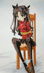 Rule 34 | 1girl, absurdres, ashigaki radar, bdsm, black hair, black skirt, black thighhighs, blue background, blue eyes, blush, bondage, bound, breasts, brown footwear, censored, chair, cross print, fate/stay night, fate (series), hair ribbon, highres, long hair, long sleeves, looking at viewer, medium breasts, open mouth, panties, panty pull, print shirt, pussy, pussy juice, red shirt, ribbon, rope, scared, shirt, shoes, sitting, skirt, sweatdrop, thighhighs, tohsaka rin, twintails, two-tone background, underwear, white background, white panties