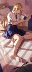 Rule 34 | 1girl, absurdres, arm support, banana oekaki, bare legs, bed, blonde hair, blue eyes, blue ribbon, blue skirt, blush, carpet, cellphone, clock, closed mouth, collared shirt, curtains, full body, hand on own head, highres, holding, holding phone, indoors, leaning on object, legs, long hair, looking at viewer, lying, neck ribbon, nishina toriko, no shoes, on floor, on side, parted bangs, phone, pillow, pleated skirt, ribbon, school uniform, shirt, short sleeves, sidelocks, sitting, skirt, smartphone, smile, solo, sunlight, thighs, urasekai picnic, white footwear, white shirt, window