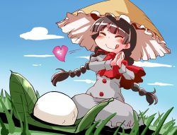 Rule 34 | 1girl, absurdres, baozi, braid, day, closed eyes, food, grass, hat, heart, highres, licking lips, own hands together, shinapuu, sky, solo, tongue, tongue out, touhou, twin braids, yatadera narumi