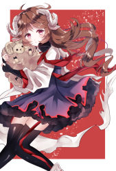 Rule 34 | 1girl, :o, ahoge, animal, animal ears, arknights, black thighhighs, blush, brown hair, dress, eyjafjalla (arknights), floating hair, garter straps, highres, holding, holding animal, horns, long hair, looking at viewer, parted lips, pink eyes, red background, ruchita, sheep, sheep ears, sheep horns, sidelocks, simple background, solo, thighhighs
