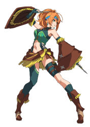 1girl armpit_crease armpits asymmetrical_legwear bandana bare_shoulders boots breasts brown_footwear cross-laced_clothes detached_sleeves earrings fingerless_gloves full_body gloves green_eyes headband jewelry karna_(ys) knife medium_breasts midriff navel orange_hair ponytail seven_(shijima) simple_background single_thighhigh solo thigh_strap thighhighs thighs throwing_knife weapon white_background ys ys_memories_of_celceta