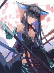 Rule 34 | 1girl, absurdres, artist request, bare shoulders, black dress, black gloves, black headwear, black thighhighs, blue eyes, blunt bangs, breasts, center opening, closed mouth, dress, elbow gloves, fate/grand order, fate (series), flute, gloves, hair ornament, highres, instrument, leaf hair ornament, long hair, looking at viewer, medium breasts, pipa (instrument), purple hair, thighhighs, thighs, very long hair, yang guifei (fate), yang guifei (third ascension) (fate)
