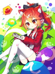 Rule 34 | 1girl, absurdres, bean bag chair, black bow, black shorts, bow, commission, controller, fang, fang out, feet out of frame, game controller, hair bow, highres, holding, holding controller, holding game controller, jacket, offbeat, orange eyes, orange hair, original, paw print, pixiv commission, playing games, pointy ears, ponytail, puyo (puyopuyo), puyopuyo, red jacket, shirt, shorts, solo, super famicom gamepad, thighhighs, white shirt, white thighhighs