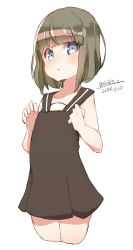 Rule 34 | 1girl, absurdres, bare arms, bare shoulders, black dress, blue eyes, blush, closed mouth, cropped legs, dated, dress, green hair, hands up, highres, looking at viewer, maze (gochama ze gohan), original, short hair, signature, simple background, sketch, sleeveless, sleeveless dress, solo, white background
