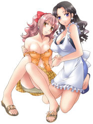 Rule 34 | 2girls, apron, arm grab, bare arms, bare legs, bare shoulders, black hair, blue eyes, blush, breasts, brown eyes, cleavage, couple, covered erect nipples, dress, earrings, eyebrows hidden by hair, feet, frilled apron, frills, fujisaka kuuki, full body, grin, hair ribbon, high heels, holding hands, hug, jewelry, kneeling, knees together feet apart, large breasts, legs, lips, long hair, looking at viewer, multiple girls, navel, neck, off-shoulder shirt, off shoulder, orange shirt, original, parted bangs, parted lips, pink hair, plaid, plaid skirt, ponytail, red ribbon, ribbon, sandals, shirt, shoes, simple background, sitting, skirt, smile, white background, yellow skirt, yuri