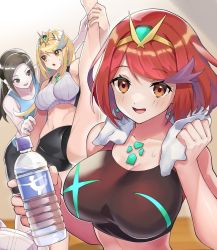 Rule 34 | 3girls, adapted costume, black eyes, black hair, blonde hair, bottle, breasts, brown eyes, chest jewel, cleavage, collarbone, commentary request, gem, headpiece, highres, holding, holding bottle, katwo, large breasts, leg up, looking at another, looking at viewer, multiple girls, mythra (xenoblade), nintendo, pale skin, ponytail, pyra (xenoblade), red hair, short hair, smile, split, sports bra, standing, standing on one leg, standing split, super smash bros., water bottle, wii fit, wii fit trainer, wii fit trainer (female), xenoblade chronicles (series), xenoblade chronicles 2, yellow eyes