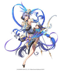 Rule 34 | 1girl, blue eyes, bow (weapon), braid, breasts, chaos online, company name, copyright name, darae, dress, feathers, female focus, full body, highres, large breasts, long hair, looking at viewer, love cacao, official art, ponytail, purple hair, simple background, solo, standing, standing on one leg, weapon, white background