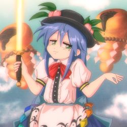 Rule 34 | 1990s (style), 1girl, absurdres, apron, blouse, blue hair, blue skirt, bow, buttons, chocolate cornet, food, frills, fruit, green eyes, hat, highres, hinanawi tenshi, izumi konata, leaf, long hair, lucky star, neck ribbon, peach, puffy short sleeves, puffy sleeves, rainbow order, red bow, retro artstyle, ribbon, rope, shimenawa, shirt, short sleeves, shrugging, skirt, smile, solo, step arts, sword, touhou, weapon, white shirt