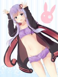 Rule 34 | 1girl, animal hood, arms up, bandeau, cinderella bust, collarbone, cowboy shot, dutch angle, eyebrows, hair ornament, hairpin, hood, hood down, hoodie, long hair, long sleeves, looking at viewer, low twintails, midriff, navel, open clothes, open hoodie, open mouth, purple ribbon, rabbit hood, ribbon, solo, stomach, symbol-shaped pupils, thigh gap, twintails, underwear, vocaloid, voiceroid, yuki (yukin0128), yuzuki yukari