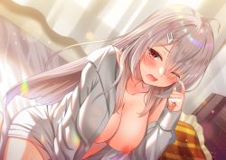 Rule 34 | 1girl, ahoge, akine (kuroyuri), bed sheet, breasts, collarbone, copyright request, day, dutch angle, grey hair, hair ornament, hairclip, highres, indoors, large breasts, lens flare, long hair, looking at viewer, naked shirt, nipples, no bra, no panties, on bed, one breast out, open mouth, pillow, red eyes, shirt, sitting, solo, tears, very long hair, wiping tears