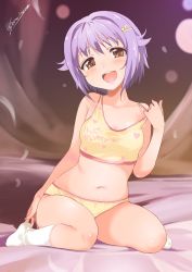 Rule 34 | 10s, 1girl, :d, arm at side, artist name, bare arms, bare shoulders, bed sheet, blush, breasts, brown eyes, clothes writing, collarbone, full body, hair ornament, hairclip, head tilt, highres, idolmaster, idolmaster cinderella girls, inoue sora, kneehighs, koshimizu sachiko, leaning to the side, looking at viewer, nail polish, navel, no shoes, open mouth, orange nails, panties, pink hair, pulling own clothes, round teeth, short hair, sitting, small breasts, smile, socks, solo, spread legs, stomach, strap pull, tareme, teeth, translated, twitter username, underwear, underwear only, wariza, white socks, yellow panties