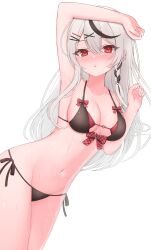 1girl :o absurdres arm_over_head bare_shoulders bikini black_bikini black_hair blush bow braid breasts chinese_commentary chocomaru cleavage collarbone commentary cowboy_shot grey_hair hair_ornament halterneck highres hololive large_breasts layered_bikini long_hair looking_at_viewer multicolored_hair navel open_mouth red_bikini red_eyes sakamata_chloe side-tie_bikini_bottom sideboob simple_background solo streaked_hair swimsuit virtual_youtuber wet white_background x_hair_ornament