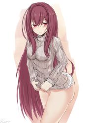Rule 34 | 1girl, alternate costume, breasts, clothes lift, commentary request, fate/grand order, fate (series), hair between eyes, highres, kesoshirou, lifting own clothes, long hair, long sleeves, looking at viewer, medium breasts, naked sweater, no panties, purple hair, red eyes, ribbed sweater, scathach (fate), scathach (fate), skirt, skirt lift, solo, sweater, turtleneck, very long hair