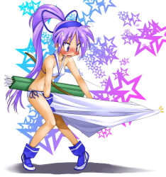 Rule 34 | 1girl, arrow (projectile), bare shoulders, bikini, blue eyes, blush, boots, bow (weapon), cosplay, covering privates, covering crotch, embarrassed, gloves, groin, highres, hiiragi kagami, kamia (not found), knees together feet apart, legs, lucky star, majikina mina, majikina mina (cosplay), panties, ponytail, purple hair, quiver, samurai spirits, sexually suggestive, skirt, skirt tug, snk, solo, star (symbol), sweatdrop, swimsuit, tsurime, underwear, weapon