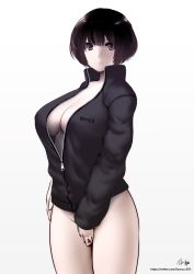Rule 34 | 1girl, black eyes, black hair, bottomless, breasts, center opening, cleavage, closed mouth, covering privates, covering crotch, cowboy shot, expressionless, jacket, large breasts, long sleeves, looking at viewer, naked jacket, original, short hair, solo, souryu, track jacket