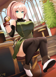 Rule 34 | 1girl, absurdres, black thighhighs, blush, braid, breasts, castell, cookie, crown braid, cuffs, daiba canon, dress, fingerless gloves, food, gloves, god eater, green dress, green eyes, highres, large breasts, long hair, looking at viewer, pink hair, plate, ponytail, sitting, sleeveless, sleeveless dress, solo, swept bangs, thighhighs