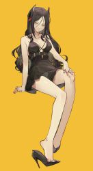 Rule 34 | 1girl, absurdres, arknights, bare legs, barefoot, black dress, black footwear, black hair, black nails, breasts, center opening, cleavage, closed mouth, collarbone, commentary, demon horns, dpea9, dress, expressionless, hair between eyes, high heels, highres, horns, ines (arknights), invisible chair, jewelry, legs, lips, long hair, looking at viewer, medium breasts, multiple rings, nail polish, off-shoulder dress, off shoulder, parted bangs, patent heels, ring, shoe dangle, shoes, short dress, sitting, sleeveless, sleeveless dress, solo, spaghetti strap, stiletto heels, thighhighs, thighs, toes, wavy hair, yellow background, yellow eyes
