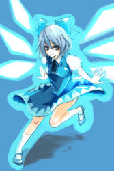 Rule 34 | 1girl, blue dress, blue eyes, blue hair, cirno, collar, dress, female focus, full body, ice, ice wings, leg up, looking at viewer, matching hair/eyes, miya9, puffy short sleeves, puffy sleeves, short sleeves, solo, standing, standing on one leg, embodiment of scarlet devil, touhou, wings