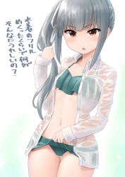 Rule 34 | 1girl, :o, alternate costume, bikini, bikini skirt, blush, brown eyes, buttons, clothes lift, collarbone, collared shirt, commentary request, cowboy shot, dress shirt, dutch angle, green bikini, grey hair, hair ribbon, halterneck, head tilt, highres, holding, holding hair, kantai collection, kasumi (kancolle), legs together, lifted by self, long hair, long sleeves, looking at viewer, microskirt, navel, open clothes, open shirt, ribbon, see-through, shirt, side ponytail, sidelocks, skirt, skirt lift, solo, standing, stomach, swimsuit, talking, thigh gap, translation request, tsurime, unbuttoned, unbuttoned shirt, v-shaped eyebrows, wamu (chartreuse), wet, wet clothes, wet shirt, white background, white ribbon, wing collar