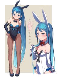 Rule 34 | 1girl, adapted costume, animal ears, blue eyes, blue hair, blush, bow, bowtie, breasts, brown pantyhose, detached collar, elbow gloves, fake animal ears, full body, gloves, gradient hair, hairband, highres, holding, holding hair, kantai collection, leotard, long hair, multicolored hair, pantyhose, playboy bunny, rabbit ears, samidare (kancolle), simple background, small breasts, solo, standing, swept bangs, tonami kanji, very long hair, wrist cuffs