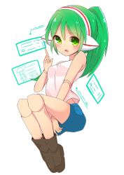 Rule 34 | 1girl, android, bare shoulders, blush, boots, breasts, charu (saru getchu), full body, green eyes, green hair, headphones, highres, inon, joints, long hair, looking at viewer, monkey, open mouth, ponytail, robot ears, robot joints, saru getchu, shorts, simple background, solo, white background