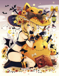 Rule 34 | 1girl, absurdres, animal ears, animal hat, bare shoulders, black footwear, black gloves, black panties, black socks, blonde hair, blush, book, boots, bow, braid, breasts, brown eyes, burning, candle, candy, cat ears, cat hat, commentary request, crescent, crop top, cross, diagonal stripes, fang, fire, flower, food, frilled socks, frills, gloves, hair between eyes, hair over shoulder, halloween, hands up, hat, head tilt, highres, jack-o&#039;-lantern, knee boots, kneehighs, lantern, lollipop, long hair, looking at viewer, looking to the side, mirrored text, open book, orange hair, orange hat, original, panties, parted lips, red flower, rose, sakura oriko, seiza, silk, single braid, sitting, small breasts, smile, socks, solo, sparkle, spider web, star (symbol), striped, striped bow, swirl lollipop, underwear, white flower, white rose, yellow bow, yellow flower, yellow rose