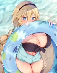 Rule 34 | 1girl, areola slip, beach, bikini, bikini top only, black bikini, black hairband, blonde hair, blue eyes, blue innertube, blue jacket, blush, braid, breasts, cleavage, covered erect nipples, covering own mouth, day, fate/grand order, fate (series), hair between eyes, hairband, highres, innertube, jacket, jeanne d&#039;arc (fate), jeanne d&#039;arc (ruler) (fate), jeanne d&#039;arc (swimsuit archer) (fate), jeanne d&#039;arc (swimsuit archer) (first ascension) (fate), large breasts, long braid, long hair, long sleeves, looking at viewer, mitsuba (watergarden), open clothes, open jacket, partially unzipped, shiny skin, single braid, solo, sweat, swim ring, swimsuit, very long hair, water