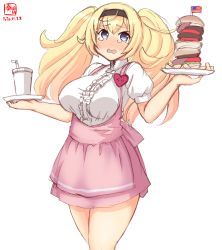 Rule 34 | 1girl, alternate costume, anna miller, apron, artist logo, black hairband, blonde hair, blouse, blue eyes, breasts, burger, commentary request, crying, crying with eyes open, dated, employee uniform, food, gambier bay (kancolle), hairband, highres, kanon (kurogane knights), kantai collection, large breasts, looking at viewer, name tag, pink apron, pink skirt, puffy sleeves, shirt, short sleeves, simple background, skirt, solo, tears, tray, tumbler, twintails, underbust, uniform, waitress, white background, white shirt