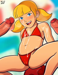 Rule 34 | 1girl, 2boys, absurdres, arms behind back, artist name, ball, bikini, blonde hair, blue eyes, blush, cameltoe, censored, cum, cum on body, cum string, erection, facial, flat chest, hetero, highres, inspector gadget, legs, looking at viewer, low twintails, mosaic censoring, multiple boys, navel, open mouth, penis, penny (inspector gadget), red bikini, sitting, smile, solo focus, spread legs, swimsuit, thighs, twintails