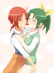 Rule 34 | 10s, 2girls, blush, breast press, breasts, cherry, cleavage, closed eyes, clothes around waist, food, fruit, green eyes, green hair, green sweater vest, hair ornament, hand in panties, highres, hino akane (smile precure!), midorikawa nao, mouth hold, multiple girls, no pants, one eye closed, open mouth, panties, ponytail, precure, red eyes, red hair, school uniform, sexually suggestive, shared food, short hair, skirt, sleeves rolled up, smile, smile precure!, sweater, sweater around waist, sweater vest, symmetrical docking, tied sweater, underwear, unpale, wink, yonic symbol, yuri
