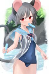 Rule 34 | 1girl, animal ears, blue one-piece swimsuit, cowboy shot, dakuazu, grey hair, hair between eyes, highres, jewelry, mouse ears, mouse tail, mouth hold, nazrin, one-piece swimsuit, pendant, red eyes, see-through, short hair, solo, swimsuit, tail, touhou, wet
