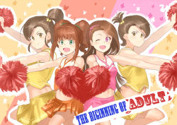 Rule 34 | 4girls, brown hair, cheering, cheerleader, futami ami, futami mami, hair ornament, idolmaster, idolmaster (classic), jyon, looking at viewer, midriff, minase iori, miniskirt, multicolored background, multiple girls, navel, one eye closed, open mouth, outstretched arms, pink eyes, pom pom (cheerleading), siblings, sisters, skirt, sleeveless, smile, spread arms, standing, takatsuki yayoi, thighs, twins, wink, yellow eyes
