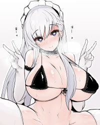 Rule 34 | 1girl, absurdres, azur lane, bare shoulders, belfast (azur lane), black bra, blush, bra, breasts, commentary request, cowgirl position, double v, freedom nakai, grey background, hair between eyes, half updo, heart, heart-shaped pupils, highres, implied sex, large breasts, long hair, looking at viewer, maid headdress, navel, nose blush, sidelocks, simple background, solo, spread legs, squatting, straddling, sweat, symbol-shaped pupils, thighhighs, thighs, underwear, v, white hair, white thighhighs