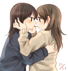 Rule 34 | 2girls, black hair, blush, brown hair, eating, eye contact, food, from side, hachiko (hati12), hand on another&#039;s face, hug, imminent kiss, long hair, long sleeves, looking at another, multiple girls, original, pocky, pocky day, pocky kiss, profile, shared food, sharing food, simple background, sweater, upper body, yuri