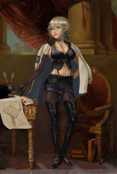 Rule 34 | 1girl, amibazh, azur lane, belt, black gloves, book, boots, breasts, chair, choker, cleavage, cross, curtains, fine art parody, george washington, gloves, high heels, inkwell, jacket, jacket on shoulders, large breasts, map, midriff, miniskirt, name connection, navel, panties, pantyhose, pantyshot, parody, pillar, skirt, solo, standing, table, thigh boots, thighhighs, underwear, washington (azur lane)